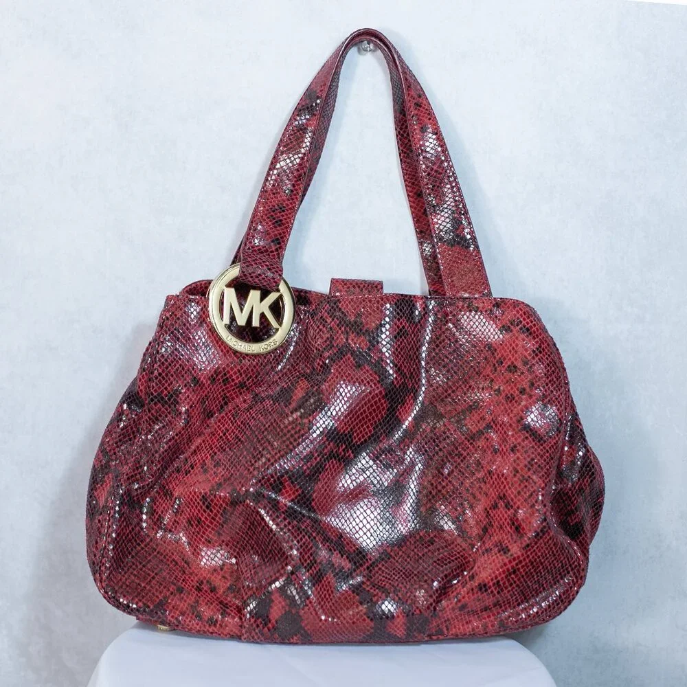Michael Kors Fulton East-West Tote Red Python Embossed Leather Bag Large